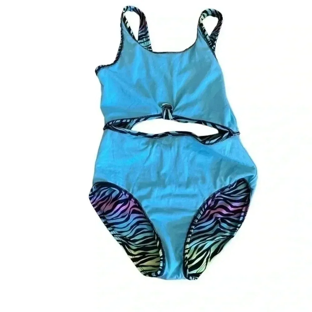 Art Class Zebra Multicolor One-Piece Girls Swimming Suit SZ L (10/12) # 1315